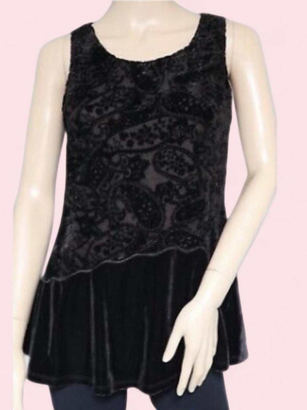 Mystree Black Velvet Floral Boho Sleeveless Top Small NWT
